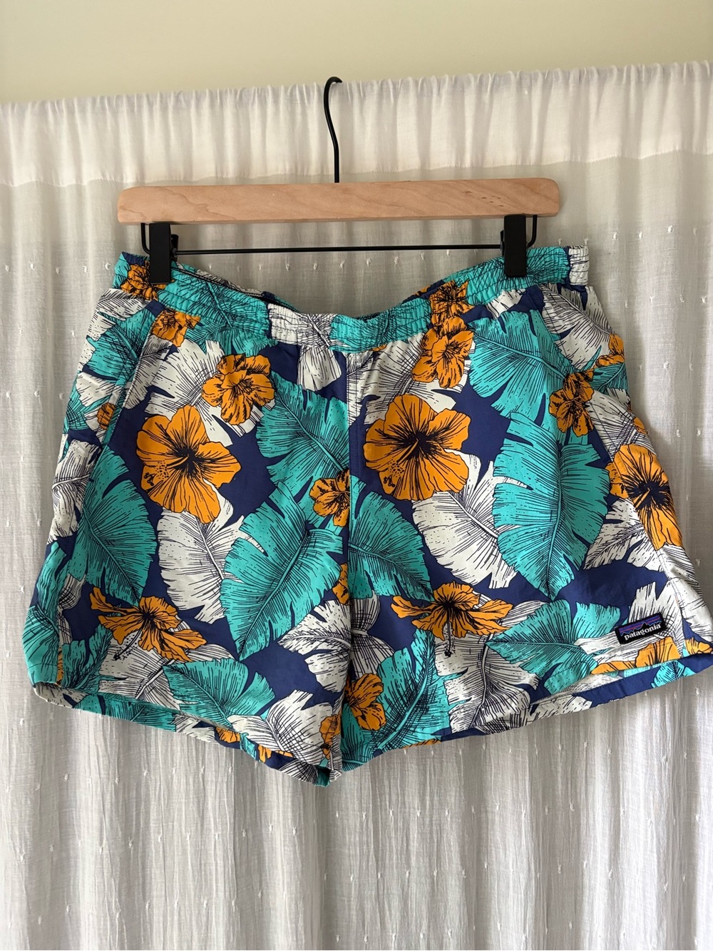 Patagonia Navy Floral Print Women's Shorts with Teal & Yellow